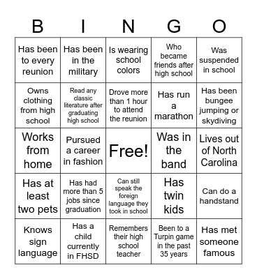 Trupin H.S. Class Reunion Bingo Card