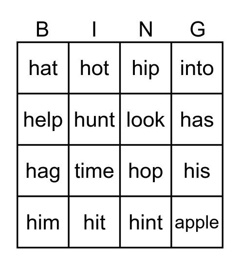 Spelling Hh words Bingo Card
