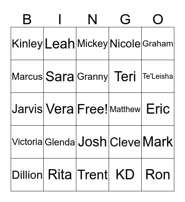 Graham Family Bingo Card