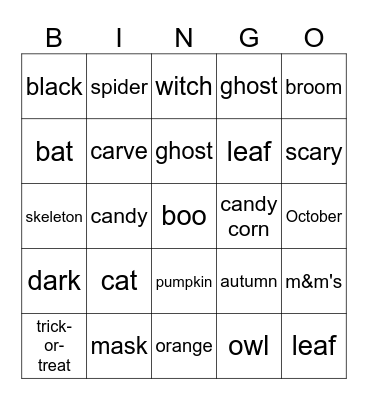 Halloween Words Bingo Card