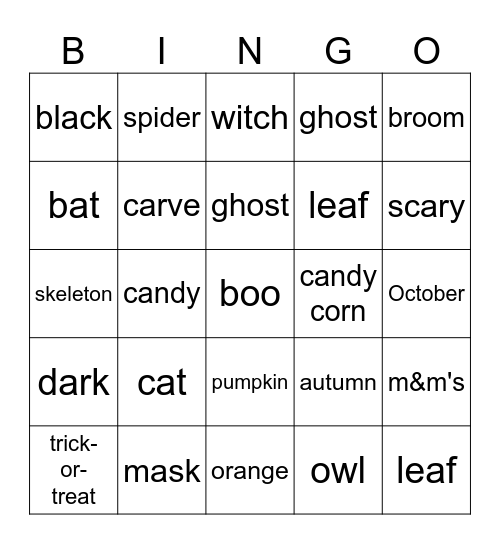 Halloween Words Bingo Card