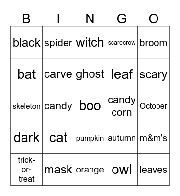 Halloween Words Bingo Card