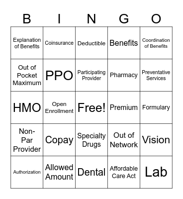 Health Insurance Bingo Card