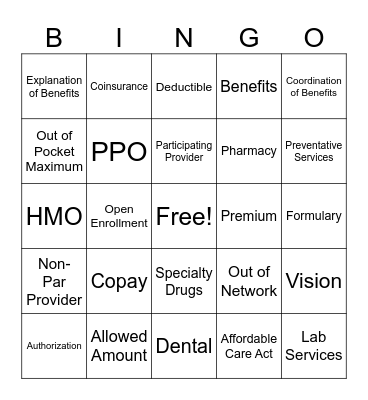 Health Insurance Bingo Card