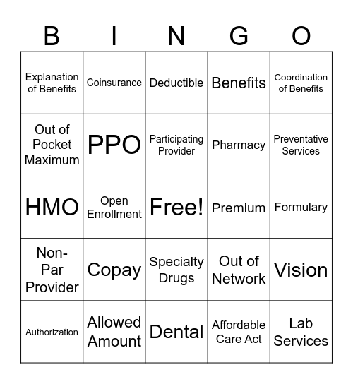 Insurance Basics Bingo Card