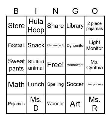 Phoenix Pajama Bingo Card