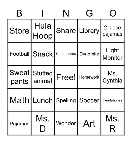 Phoenix Pajama Bingo Card