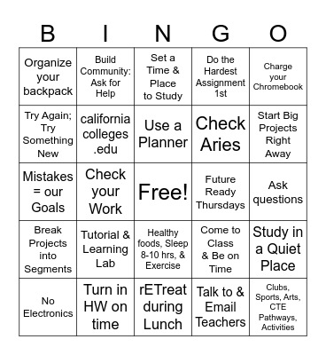 School Success Bingo Card