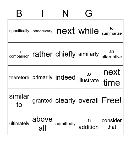 Transition Words Bingo Card