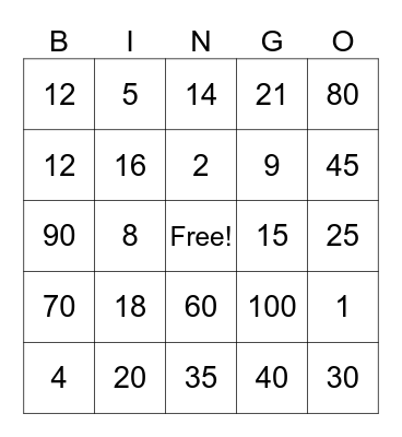 Multiplication Facts Bingo Card