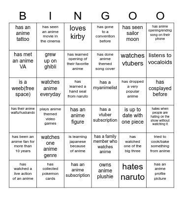 Anime Bingooo!!!!! Bingo Card