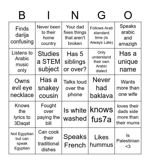 MENA Human Bingo Card