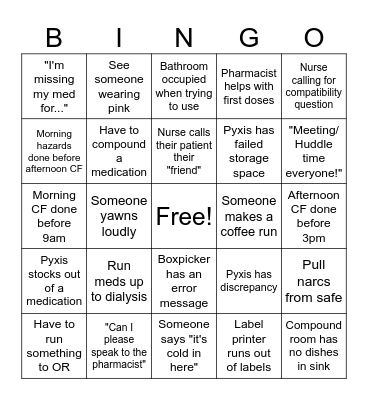 Pharmacy Technician Bingo Card