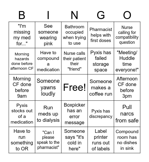 Pharmacy Technician Bingo Card