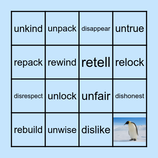 Prefix (dis-, un-, non-, re-) Bingo Card