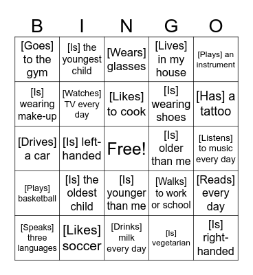 Present Simple/Present Continuous Bingo Card