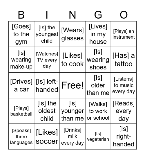 Present Simple/Present Continuous Bingo Card