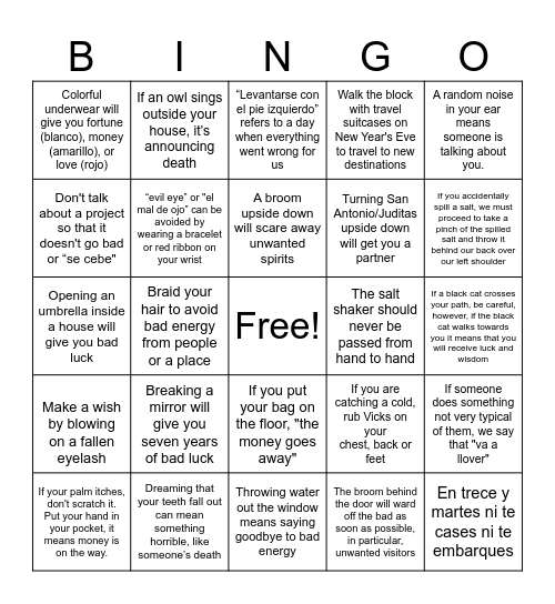 Superstitions Bingo Card