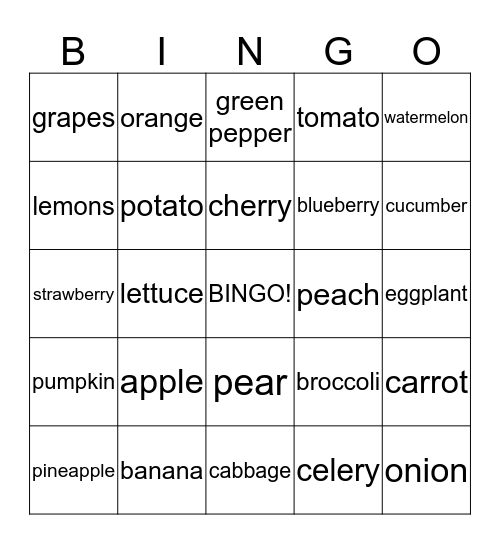 Fruits and Vegetables Bingo Card