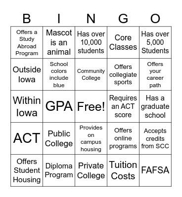 College Fair Bingo Card