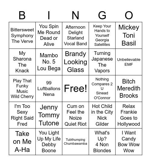 ONE HIT WONDERS Bingo Card