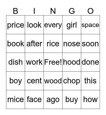 Spelling Test 03/18/18 Review of Soft c and -ook and -ood Words Bingo Card
