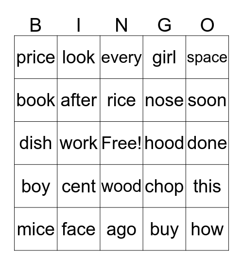 Spelling Test 03/18/18 Review of Soft c and -ook and -ood Words Bingo Card