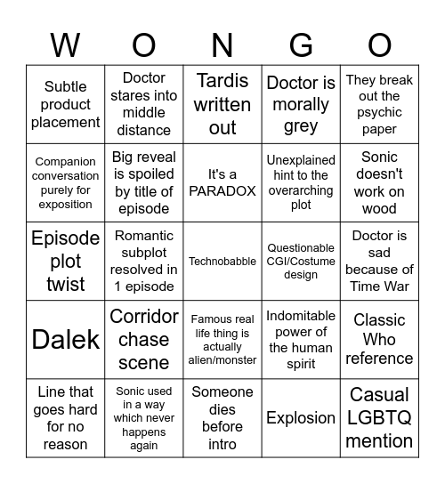 Dr Who Bingo Sheet Bingo Card
