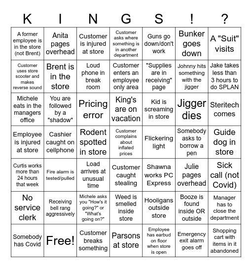 King's Team Bingo 1 Bingo Card