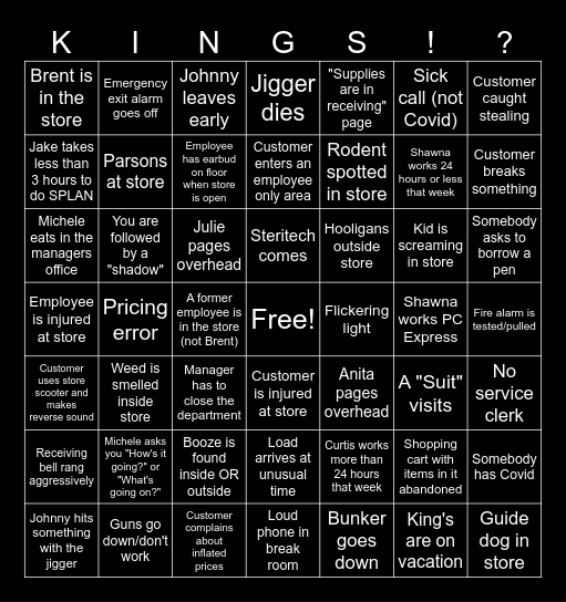King's Team Bingo 1 Bingo Card