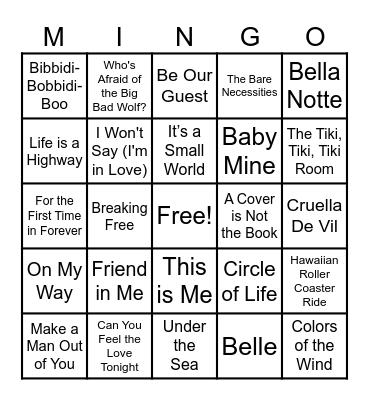 Disney Song 1 Bingo Card
