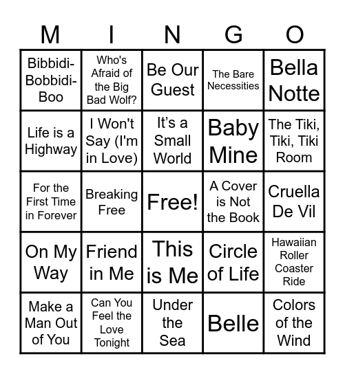 Disney Song 1 Bingo Card