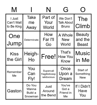 Disney Song 2 Bingo Card