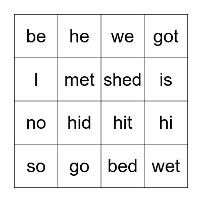 Open/Closed Syllable Words Bingo Card