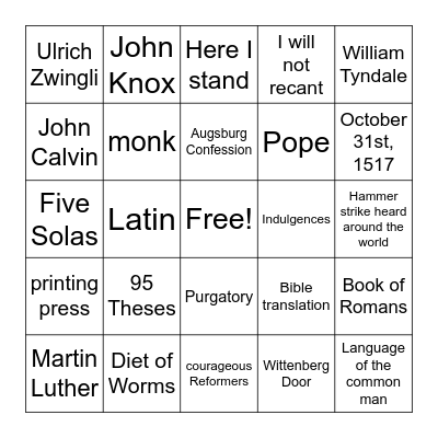 Reformation Bingo Card