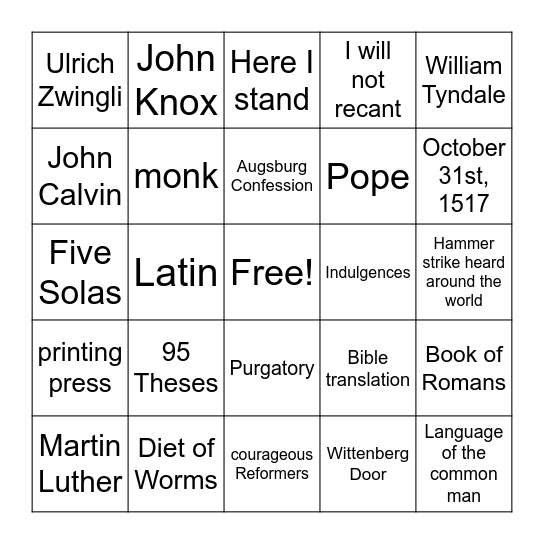 Reformation Bingo Card