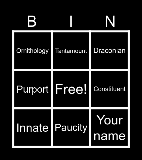 English vocab Bingo Card