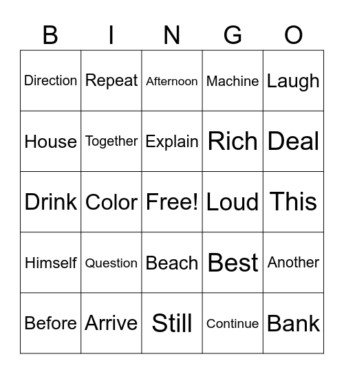 Vocabulary Bingo Card