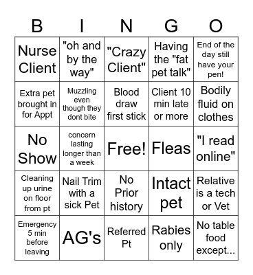 Vet Tech Bingo! Bingo Card