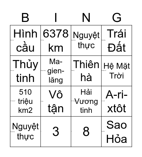 TRÁI ĐẤT TRONG HỆ MẶT TRỜI Bingo Card