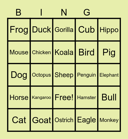 Animal crossing species bingo Card