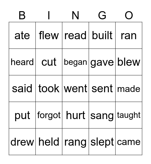 Irregular Verbs Bingo Card
