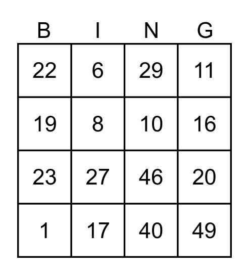 NUMBERS Bingo Card