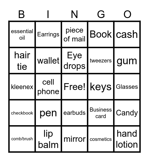 What's in your purse? Bingo Card