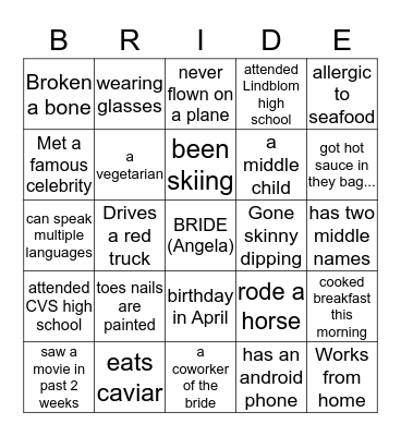 Angela's Bridal Shower Bingo Card
