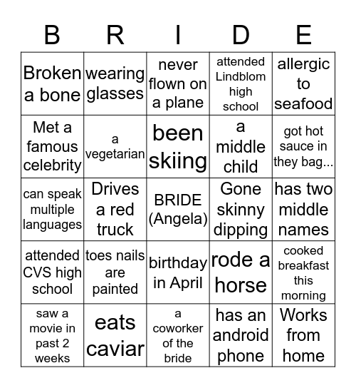 Angela's Bridal Shower Bingo Card