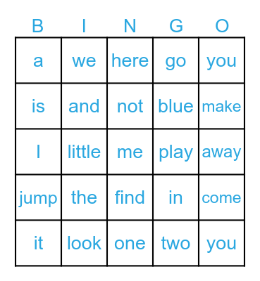 Sight Words Bingo Card