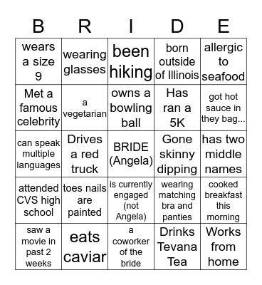 Angela's Bridal Shower Bingo Card