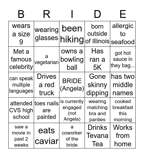 Angela's Bridal Shower Bingo Card