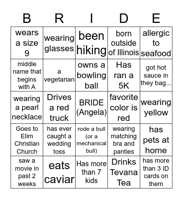 Angela's Bridal Shower Bingo Card